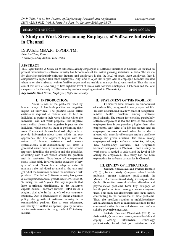 (PDF) A Study on Work Stress among Employees of Software Industries in ...
