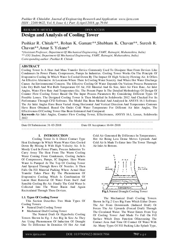 (PDF) Design and Analysis of Cooling Tower IJERA Journal Academia.edu