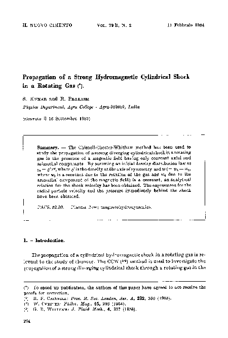 (PDF) Propagation of a strong Hydromagnetic cylindrical shock in a ...