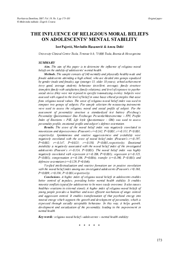 (PDF) The Influence of Religious Moral Beliefs on Adolescents' Mental ...