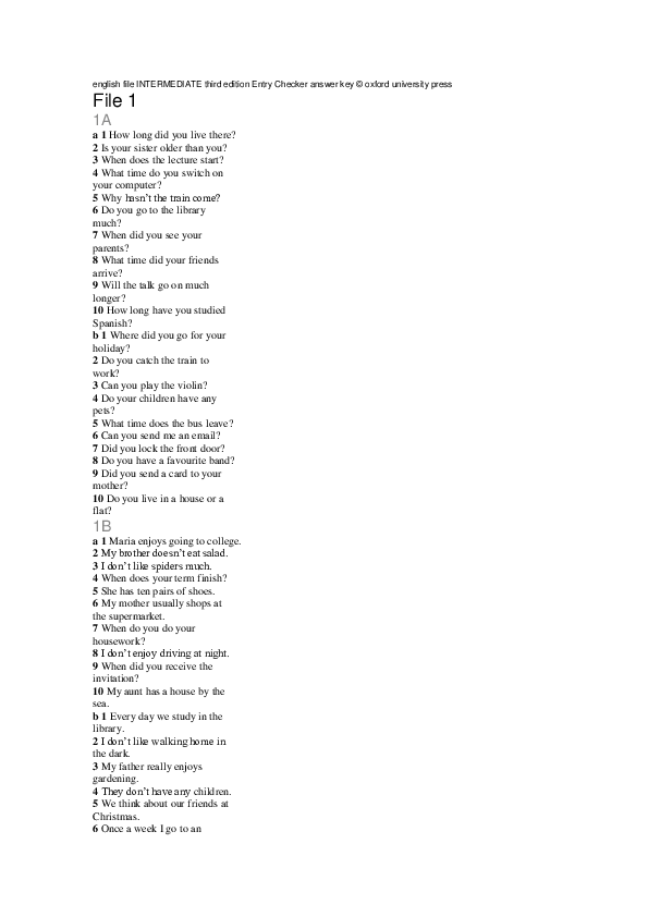 (DOC) English file INTERMEDIATE third edition Entry Checker answer key