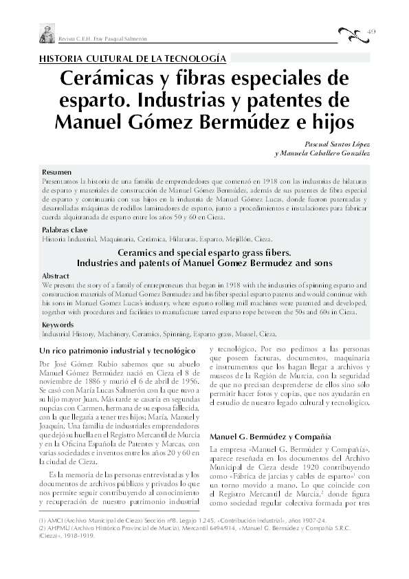 (PDF) Cerámicas y fibras especiales de esparto. Industrias y patentes de Manuel Gómez Bermúdez e