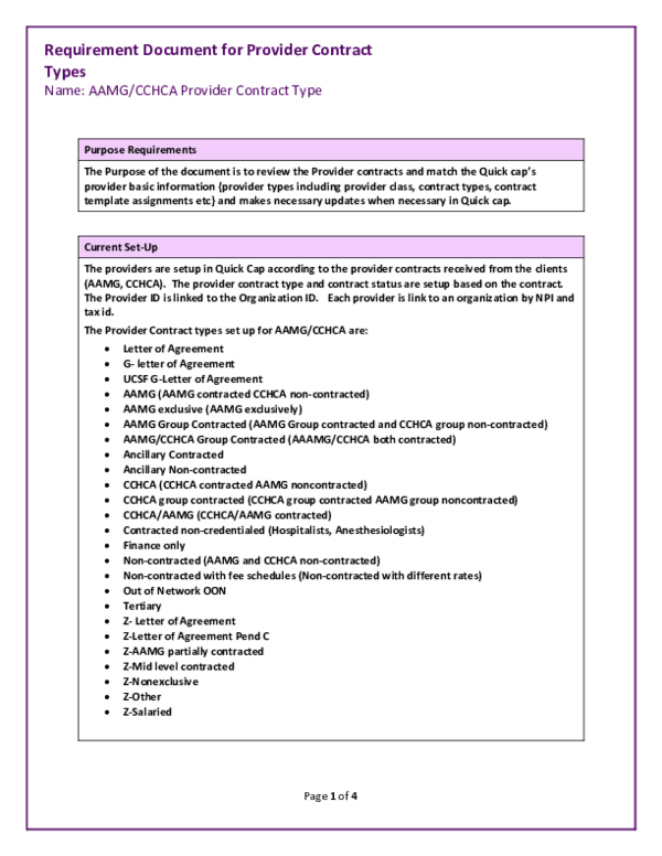 (DOC) Requirement Document for Provider Contract Types