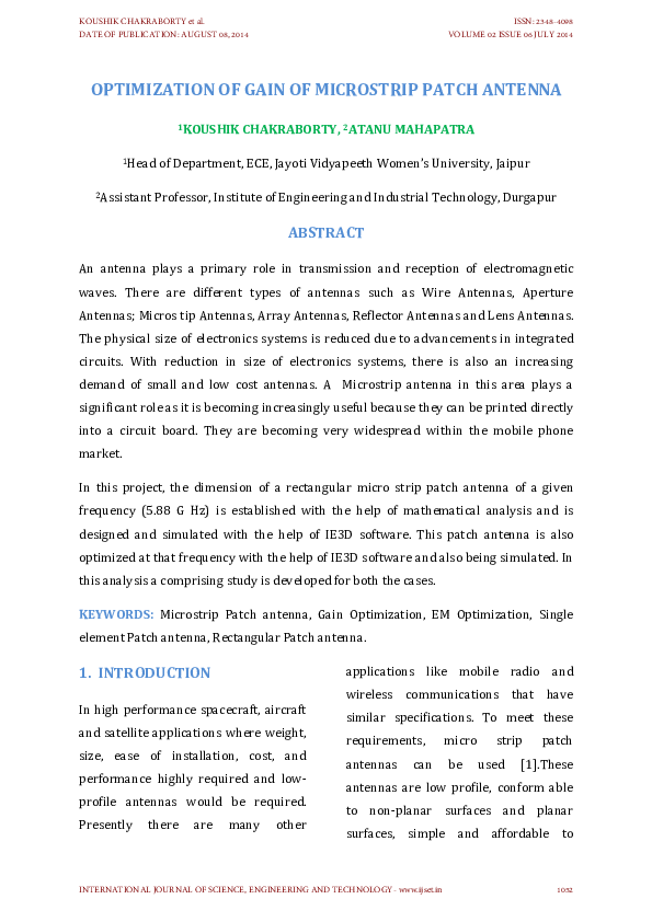(PDF) OPTIMIZATION OF GAIN OF MICROSTRIP PATCH ANTENNA