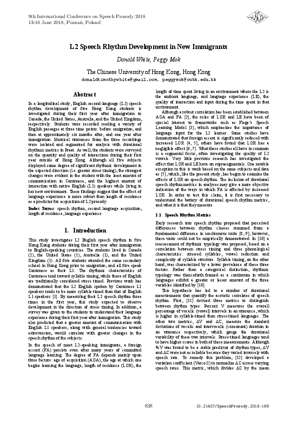 (PDF) L2 Speech Rhythm Development in New Immigrants
