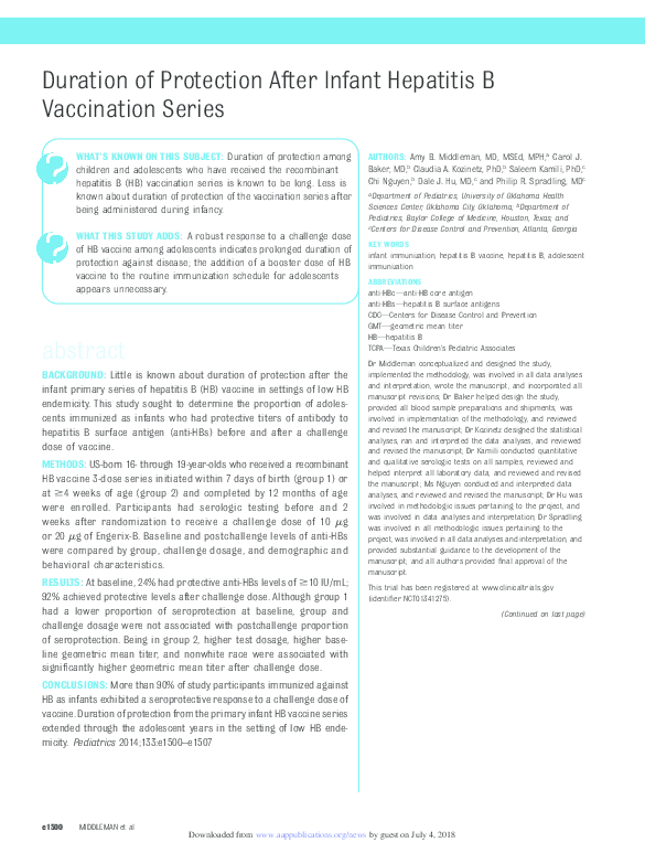 (PDF) Duration of Protection After Infant Hepatitis B Vaccination Series