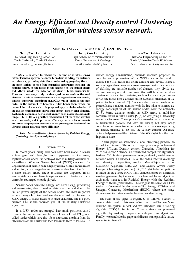 (PDF) An Energy Efficient and Density control Clustering Algorithm for ...