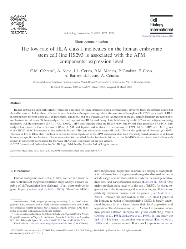 (PDF) Short communication The low rate of HLA class I molecules on the human embryonic stem cell