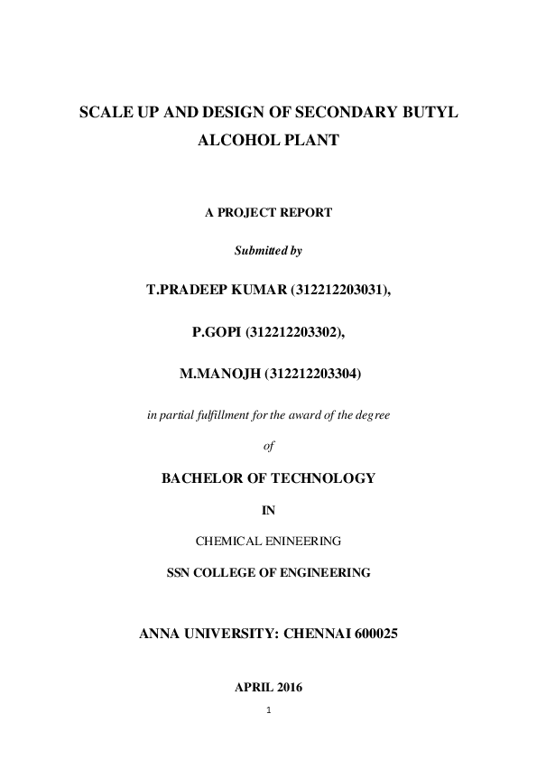 (PDF) SCALE UP AND DESIGN OF SECONDARY BUTYL ALCOHOL PLANT Pradeep