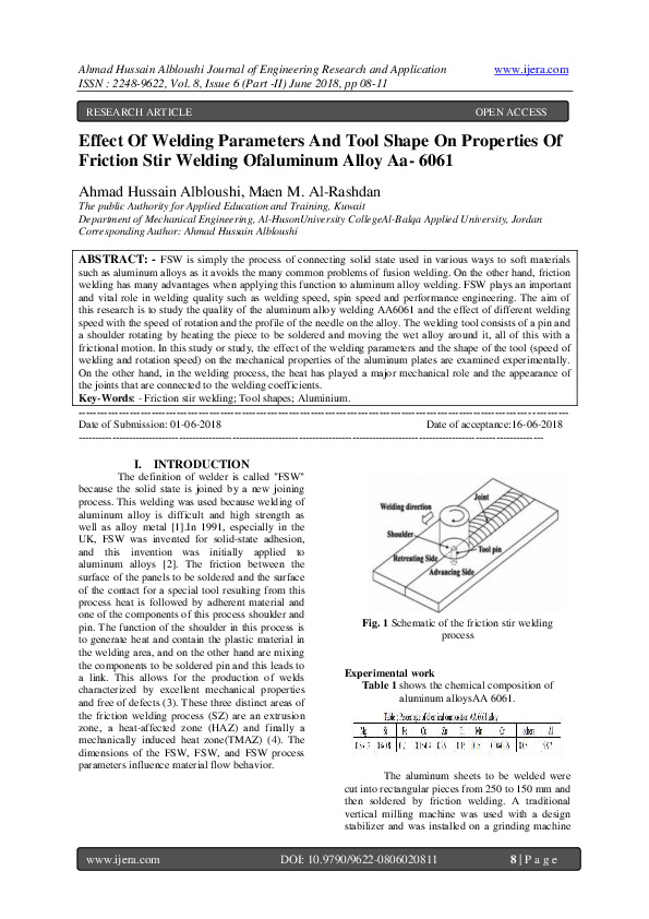 (PDF) Effect Of Welding Parameters And Tool Shape On Properties Of ...