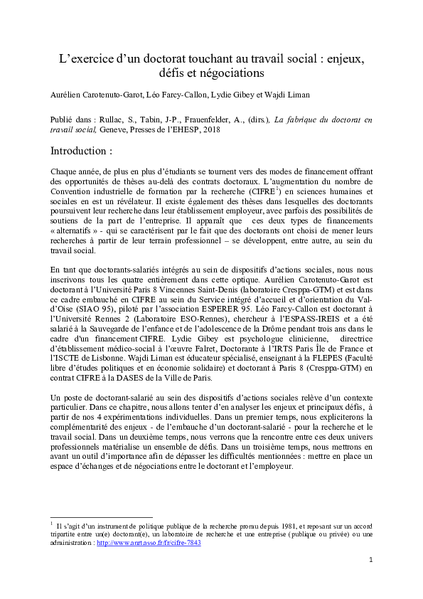 (PDF) L'exercice d'un doctorat touchant au travail social enjeux, défis et négociations