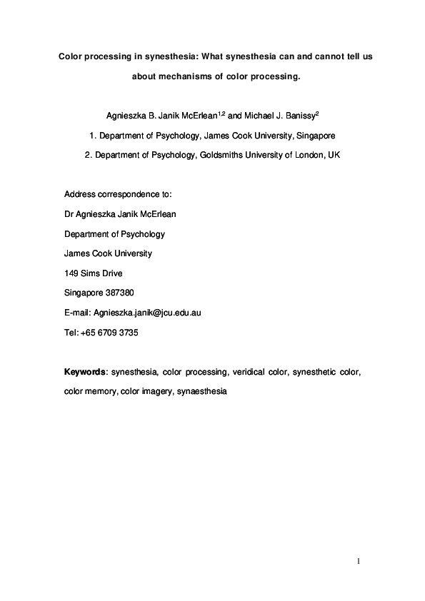 (DOC) Color processing in synesthesia What synesthesia can and cannot ...