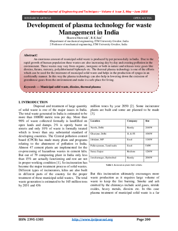 (PDF) Development of plasma technology for waste Management in India