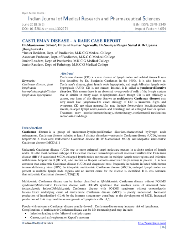 (PDF) CASTLEMAN DISEASE A RARE CASE REPORT IJMRPS Journal