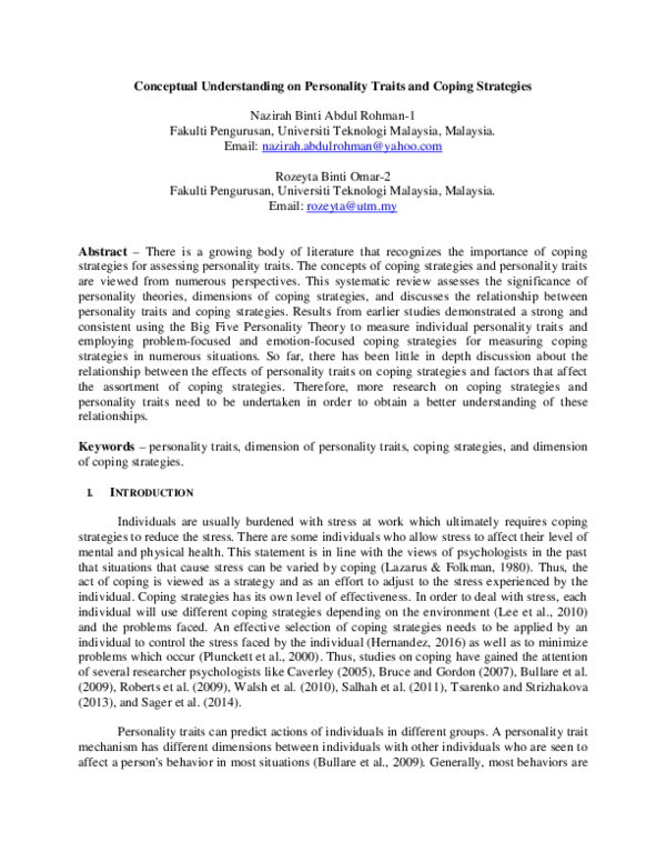 (PDF) Conceptual Understanding on Personality Traits and Coping Strategies