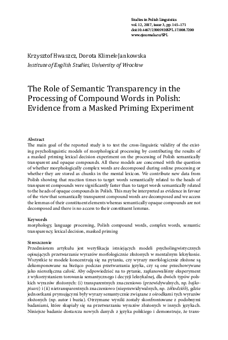 (PDF) The Role of Semantic Transparency in the Processing of Compound ...