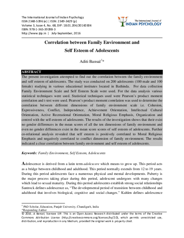 (PDF) Correlation between Family Environment and Self Esteem of Adolescents