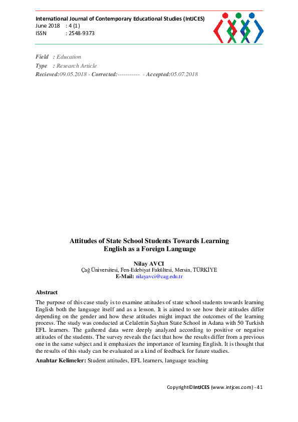 (PDF) Attitudes of State School Students Towards Learning English as a ...