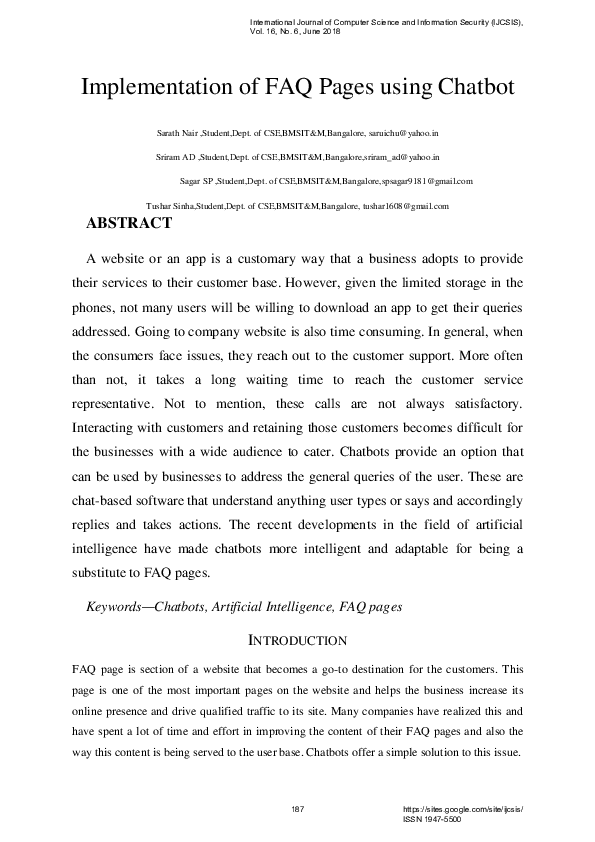 Implementation of FAQ Pages using Chatbot