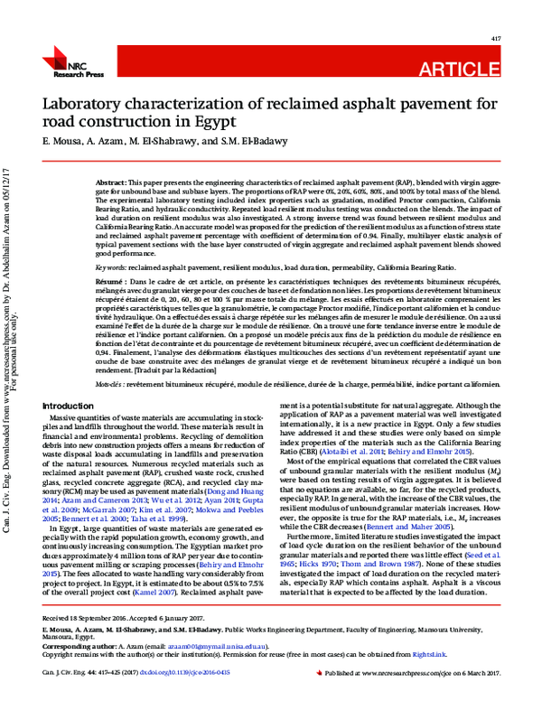 (PDF) Laboratory characterization of reclaimed asphalt pavement for ...