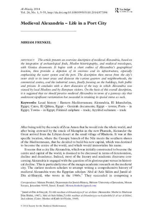 First page of “Miriam Frenkel, “Medieval Alexandria: Life in a Port City,” Al Masaq, vol. 26, no. 1 (April 2014): 5-35”