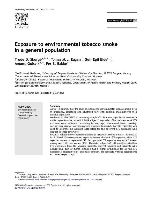 (PDF) Exposure to environmental tobacco smoke in a general population