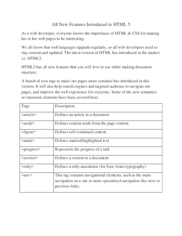 (PDF) All New Features Introduced in HTML 5