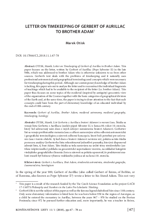 (PDF) Letter on Timekeeping of Gerbert of Aurillac to Brother Adam