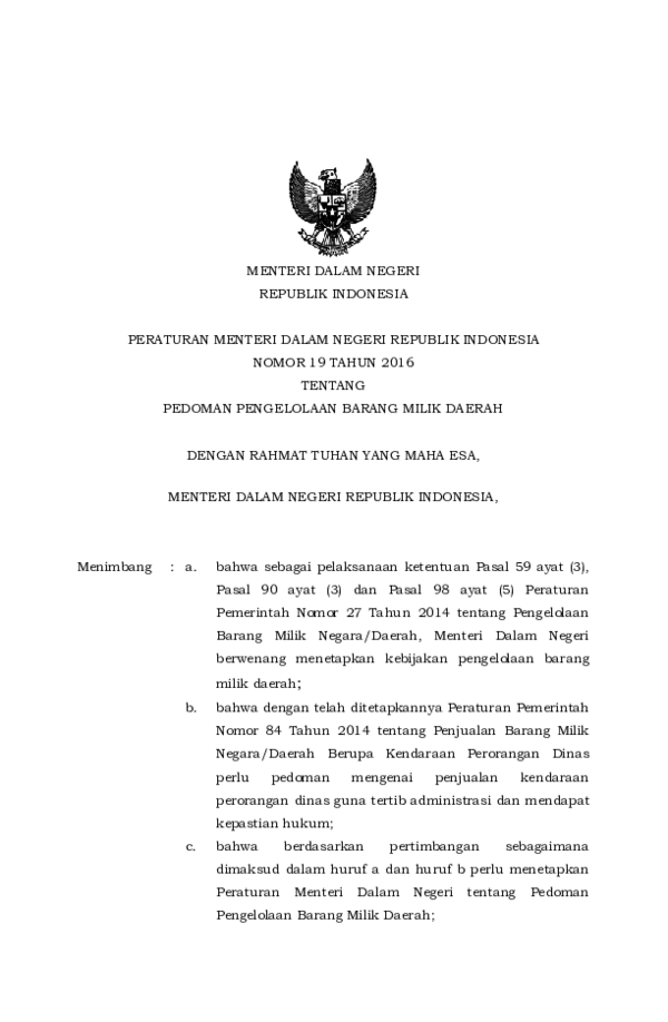 (PDF) . Peraturan Menteri Dalam Negeri 19 Tahun 2016 tentang