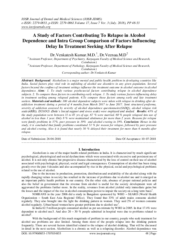 (PDF) A Study of Factors Contributing To Relapse in Alcohol Dependence ...