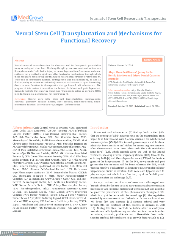 (PDF) Neural Stem Cell Transplantation and Mechanisms for Functional ...