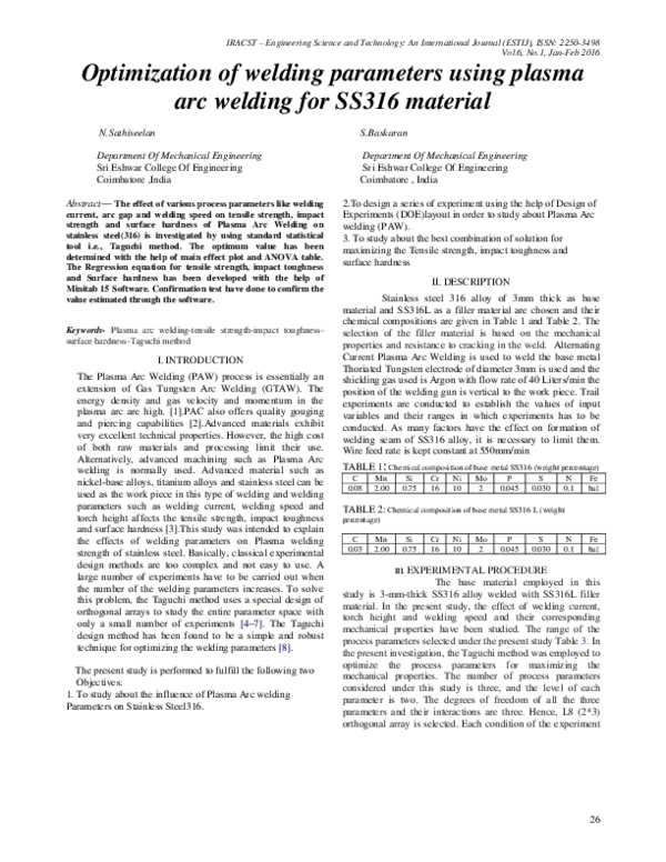 (PDF) Optimization of welding parameters using plasma arc welding for ...