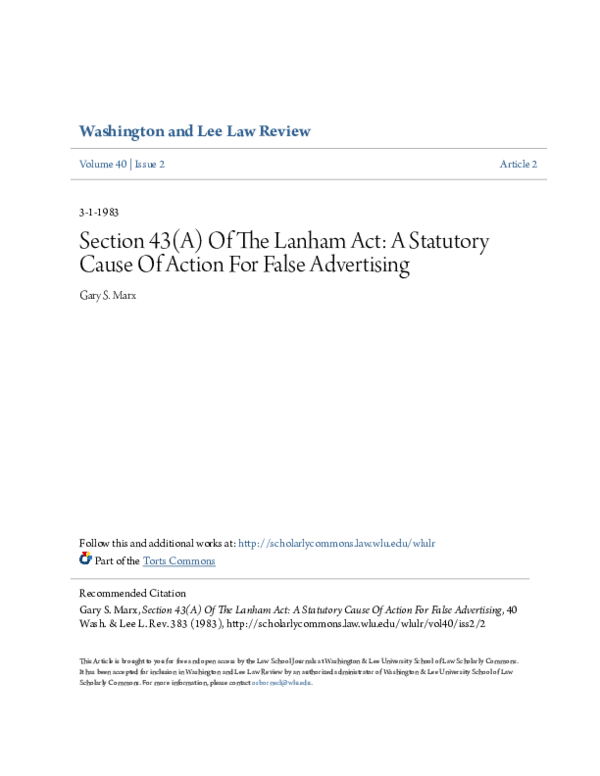 (PDF) Section 43(A) Of The Lanham Act A Statutory Cause Of Action For