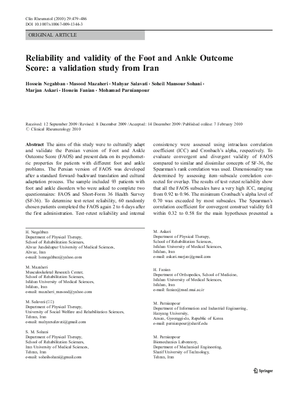 (PDF) Reliability and validity of the Foot and Ankle Score a