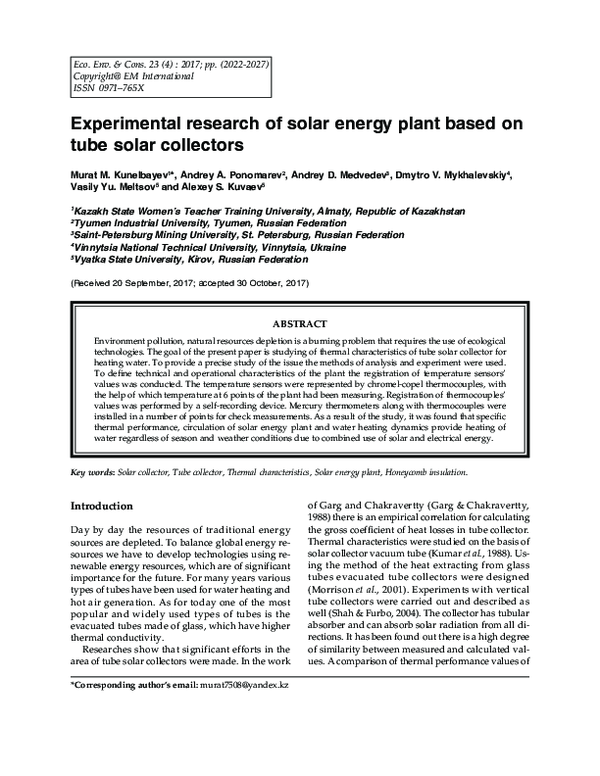 (PDF) Experimental research of solar energy plant based on tube solar ...