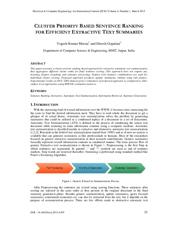  PDF CLUSTER PRIORITY BASED SENTENCE RANKING FOR EFFICIENT EXTRACTIVE 