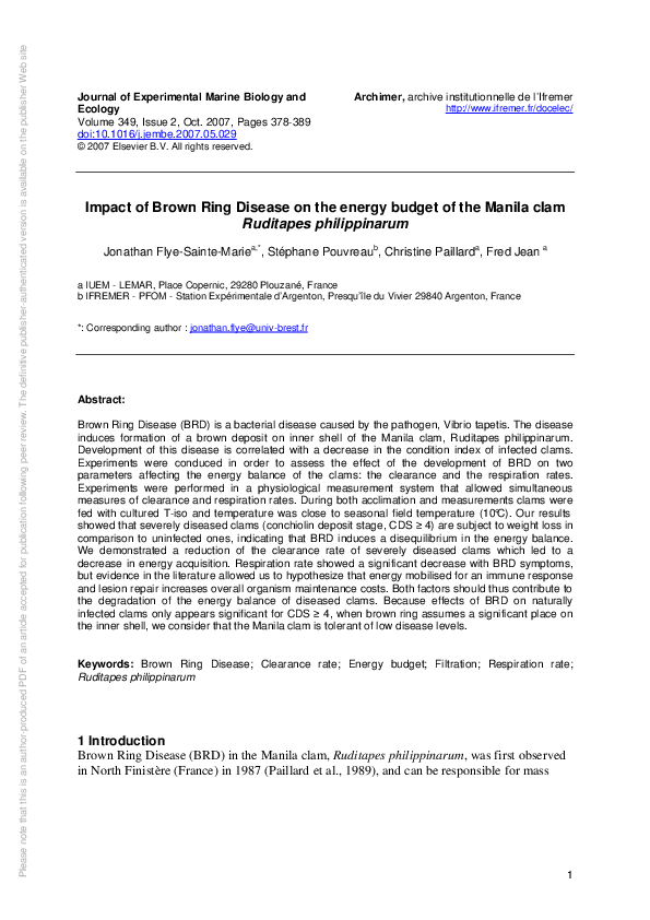 (PDF) Impact of Brown Ring Disease on the energy budget of the Manila