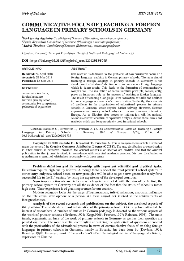 (PDF) COMMUNICATIVE FOCUS OF TEACHING A FOREIGN LANGUAGE IN PRIMARY ...