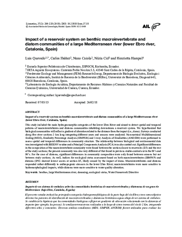 (PDF) Impact of a reservoir system on benthic macroinvertebrate and ...