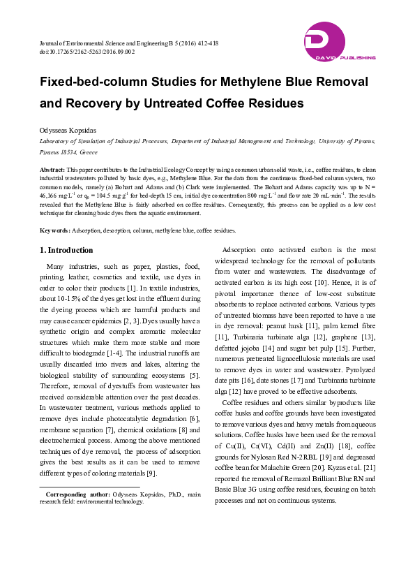(PDF) Fixed-bed-column Studies for Methylene Blue Removal and Recovery ...
