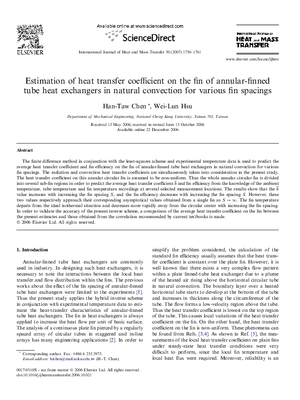 (PDF) Estimation of heat transfer coefficient on the fin of annular ...