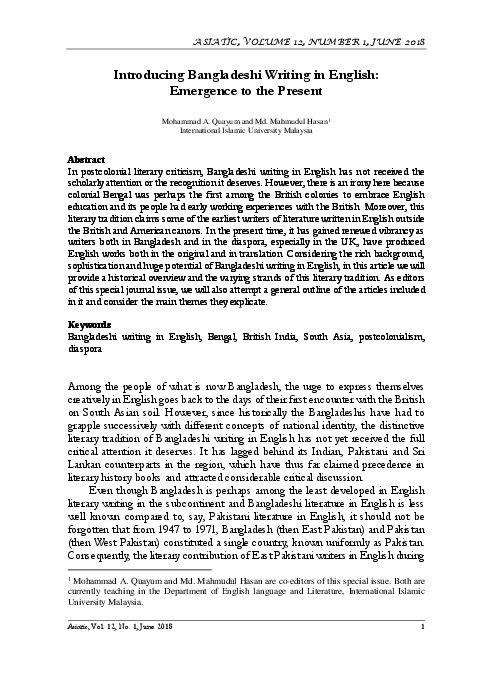 (PDF) Introducing Bangladeshi Writing in English: Emergence to the Present