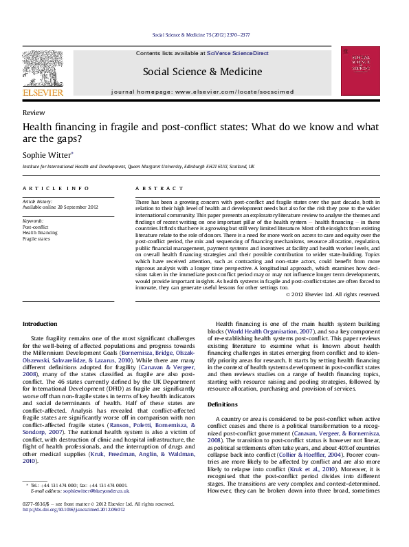 (PDF) Health financing in fragile and post-conflict states: What do we ...