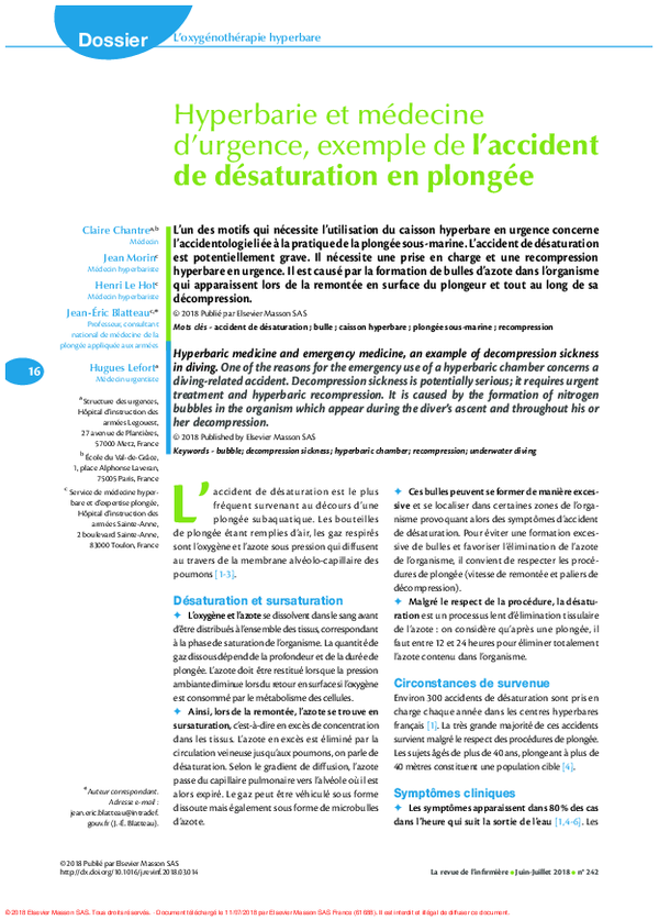 (PDF) Hyperbarie et médecine d’urgence, exemple de l’accident de