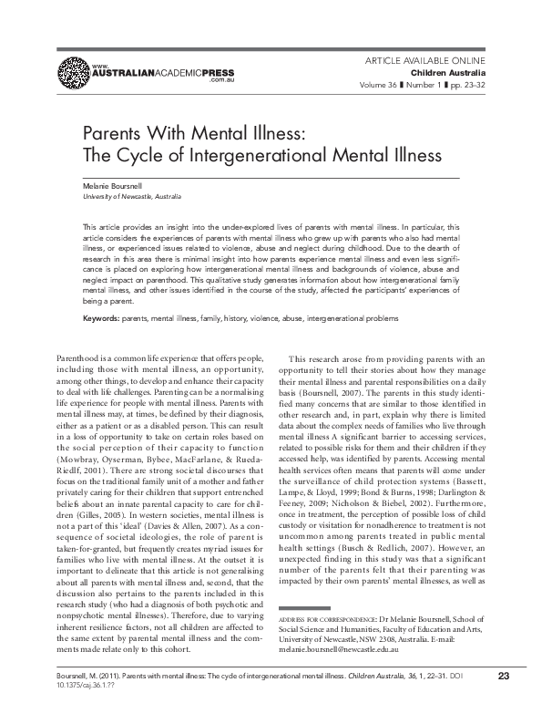 (PDF) Parents with Mental Illness: They Cycle of Intergenerational ...