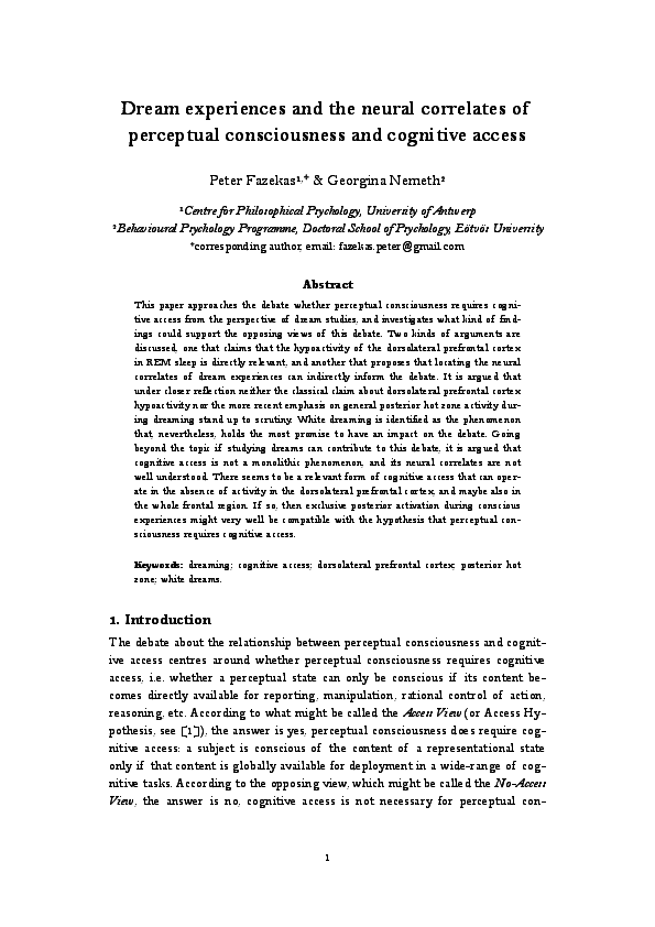 (PDF) Dream experiences and the neural correlates of perceptual ...