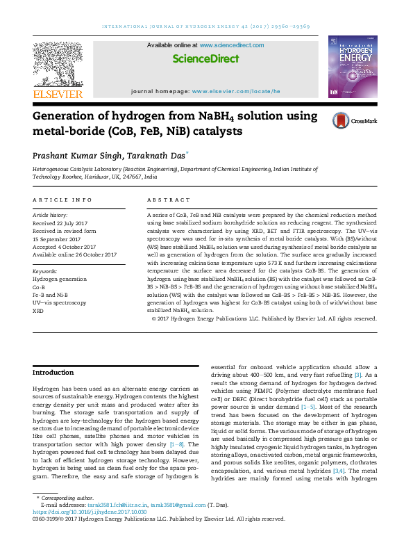 (PDF) Generation of hydrogen from NaBH 4 solution using metal-boride ...
