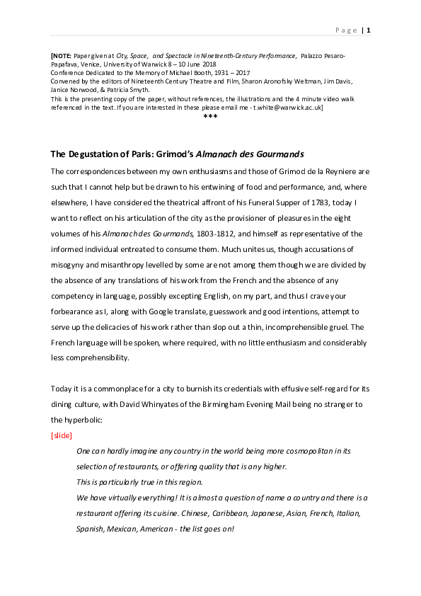 Pdf The Degustation Of Paris Grimod S Almanach Des Gourmands 2018 City Space Spectacle Tim White Academia Edu