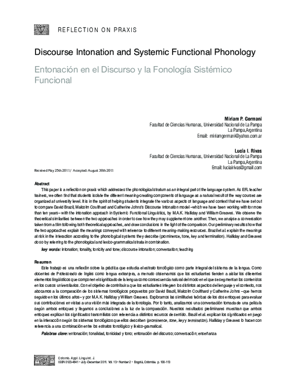 (PDF) Discourse Intonation and Systemic Functional Phonology Entonación ...