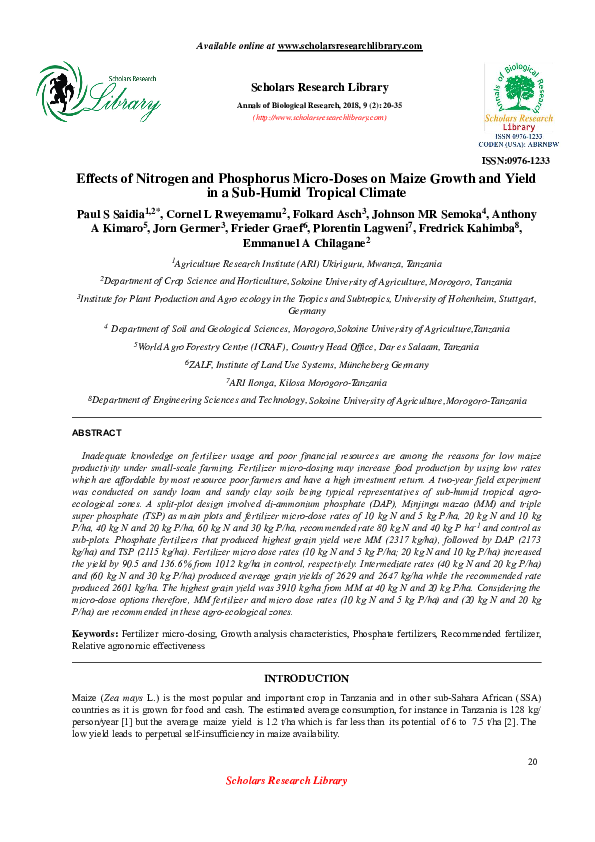 (PDF) Effects of Nitrogen and Phosphorus Micro-Doses on Maize Growth ...